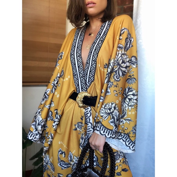 Sweaters - Last✨🆕Kaya Mustard Yellow Floral Kimono Cardigan